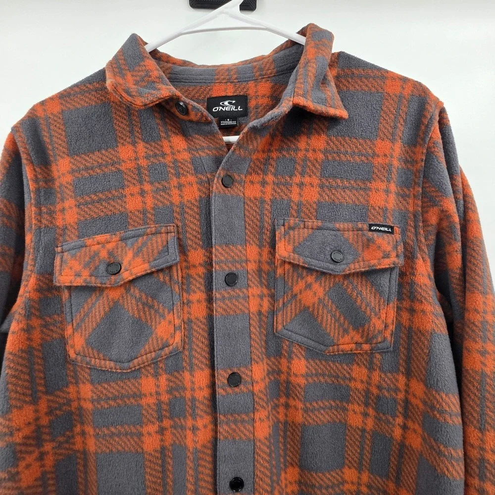 O'NEILL SHACKET PLAID MENS SMALL ORANGE GRAY FLEECE SNAP BUTTONS ARCTIC CHECK